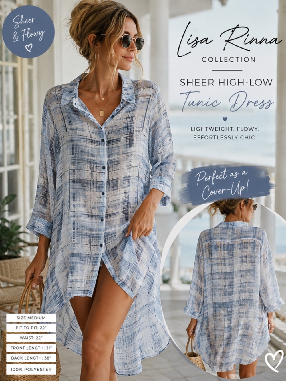 Lisa Rinna Collection Blue Abstract Sheer High-Low Tunic Dress Size Medium